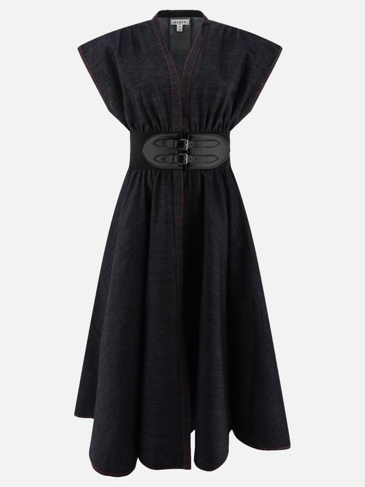 Belted dress in stretch raw denim