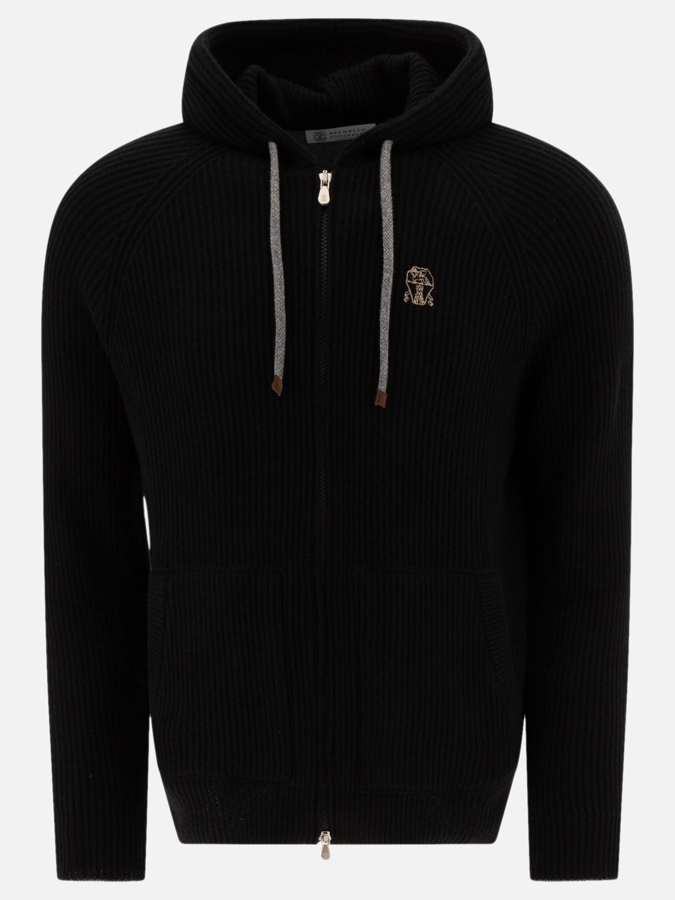 Brunello Cucinelli Ribbed sweater with zip and hood Black