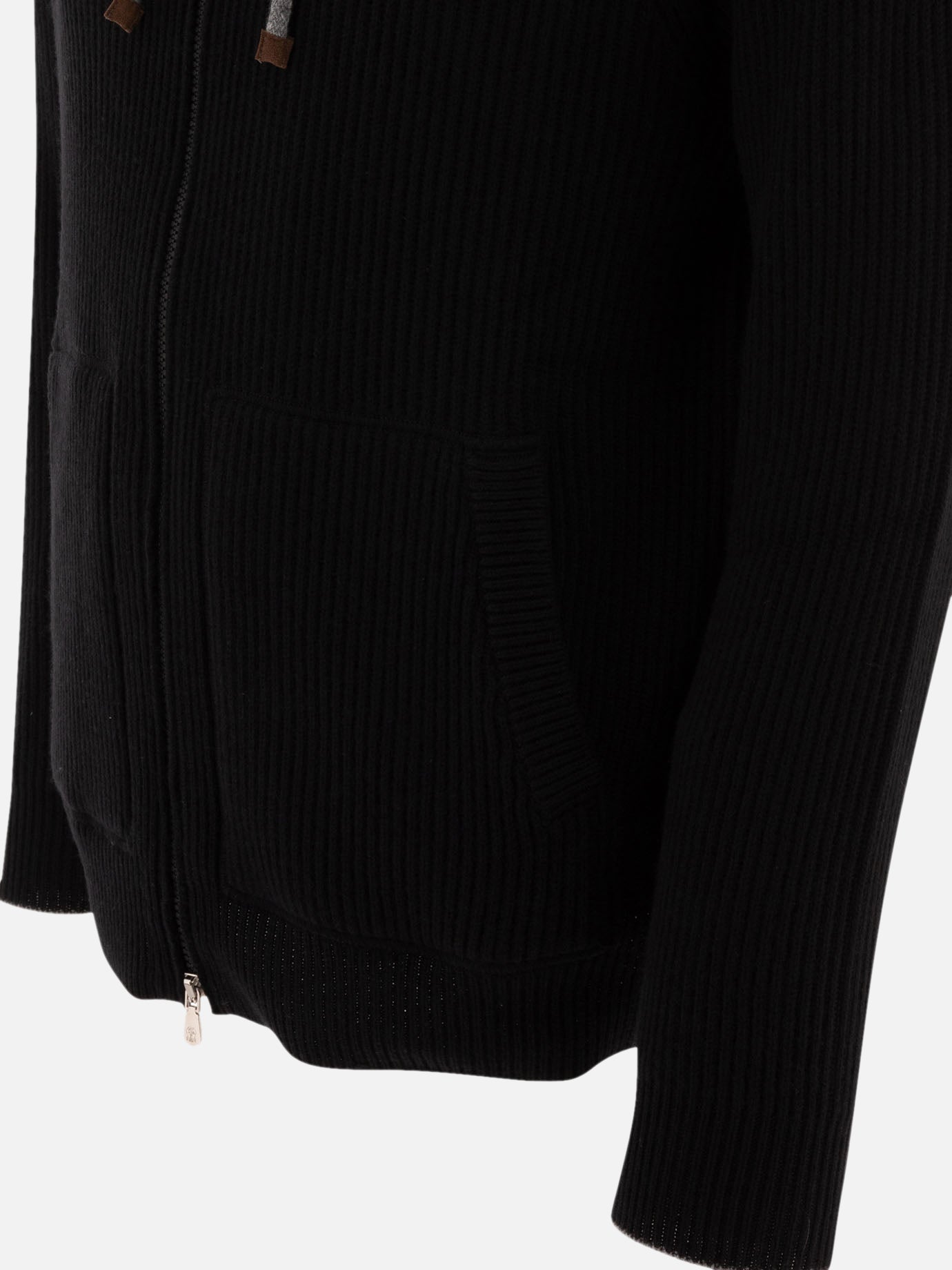 Brunello Cucinelli Ribbed sweater with zip and hood Black